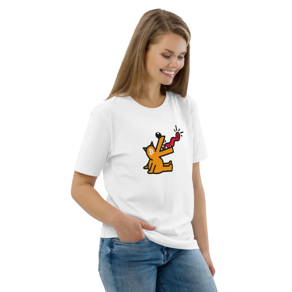 Bitcoin T-Shirt – Woof - worn on model - white