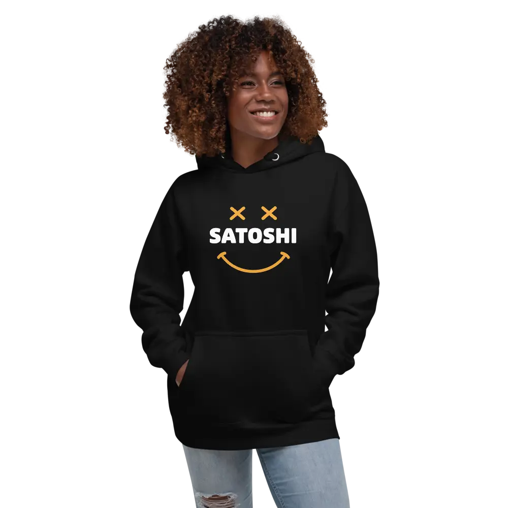 bitcoin hoodie - satoshi smiley - worn on model - female - black