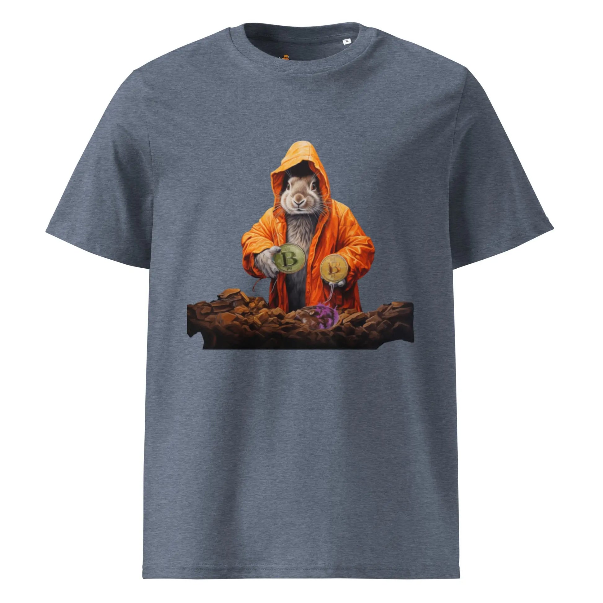 bitcoin t-shirt - falling down the bitcoin rabbit hole - front view - blue
