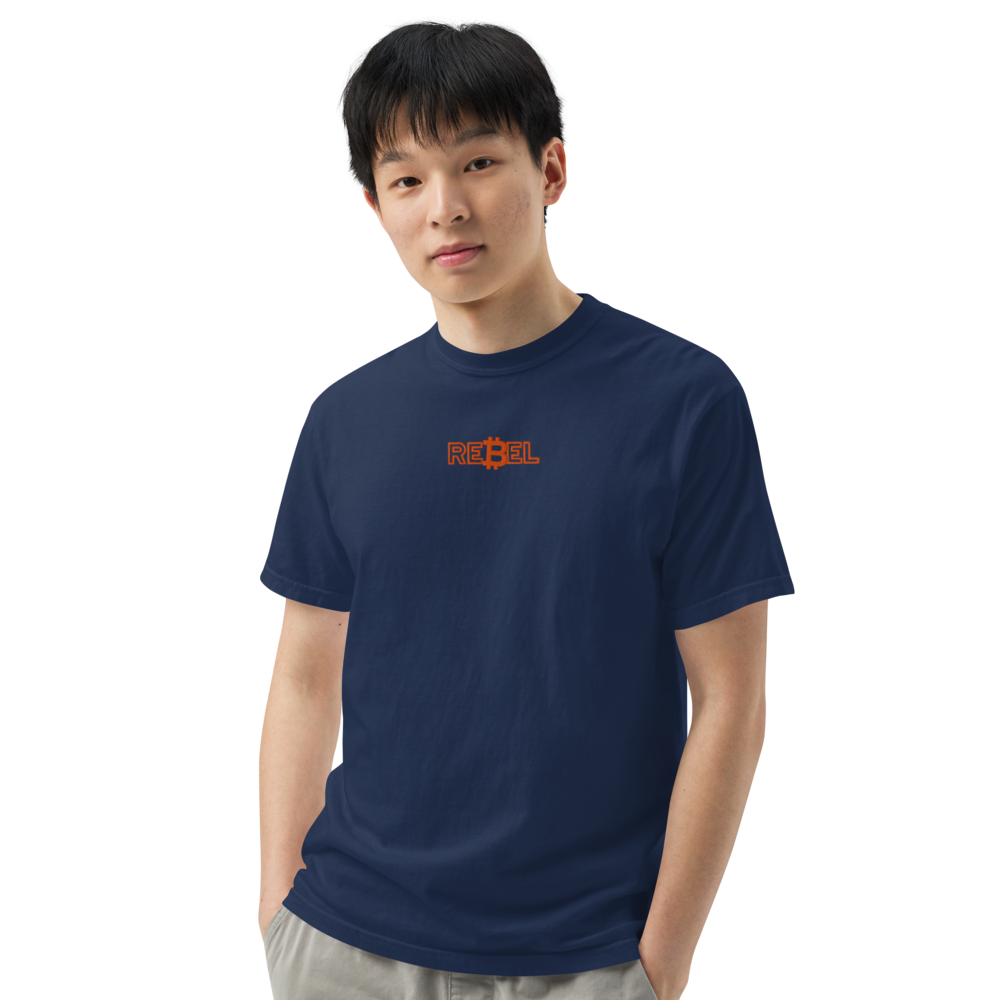 bitcoin t-shirt - rebel - worn on male model - navy blue
