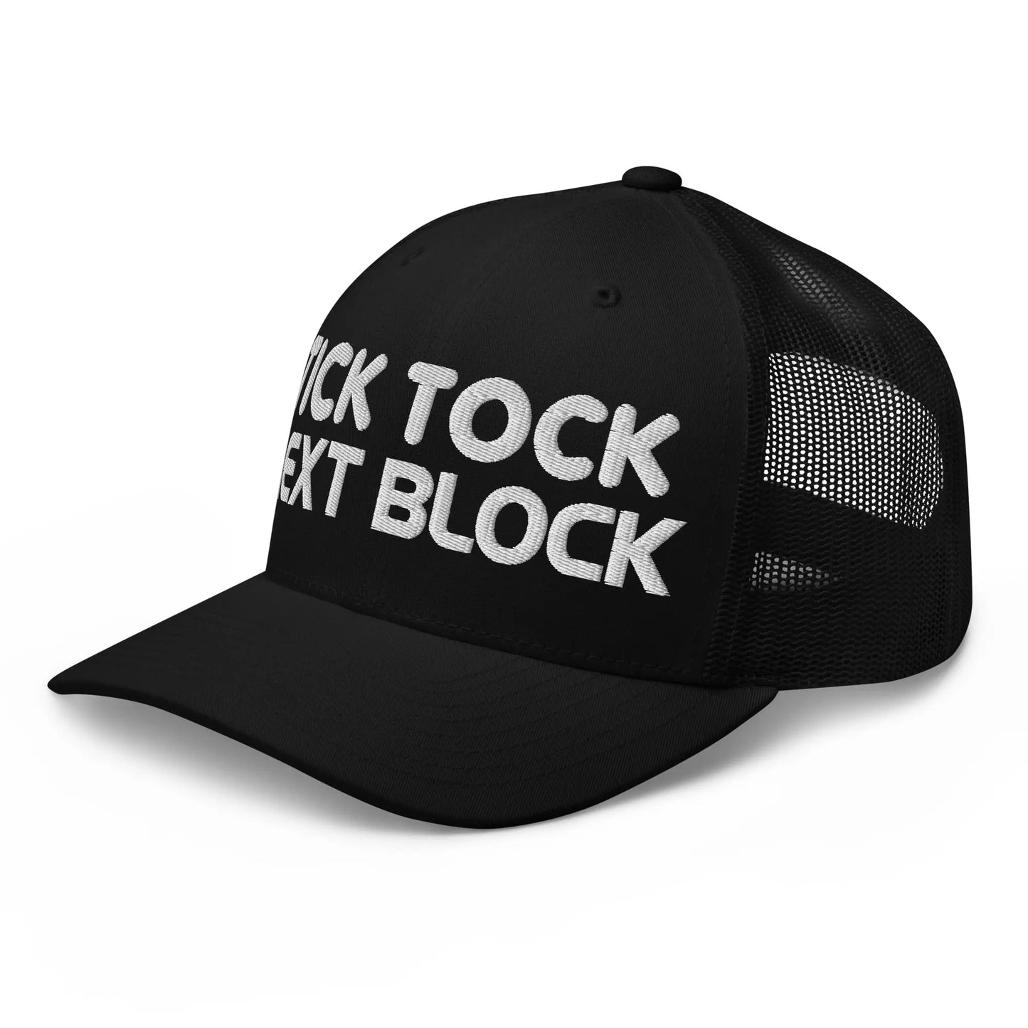 bitcoin trucker hat next block design angled view
