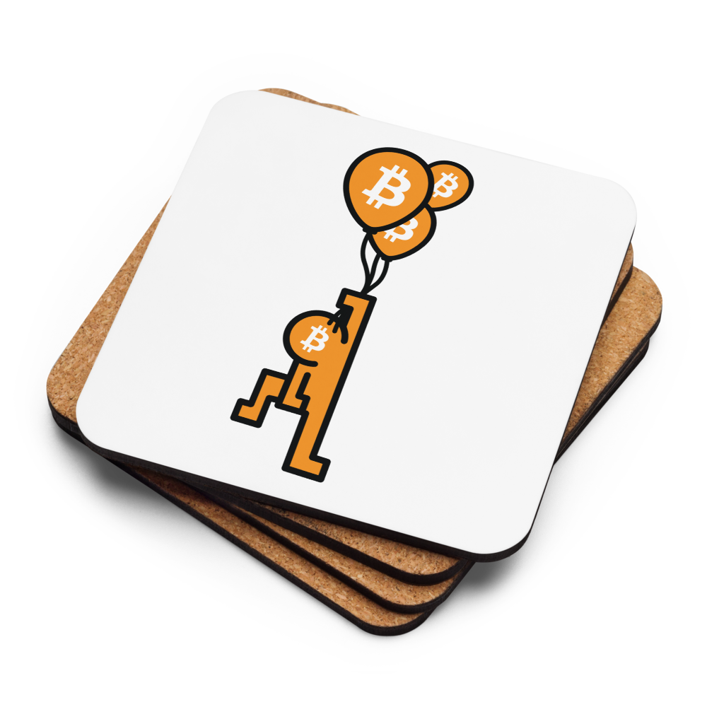 BitPop Balloon Bitcoin coaster stack by BitPopArt — cork backs + face up