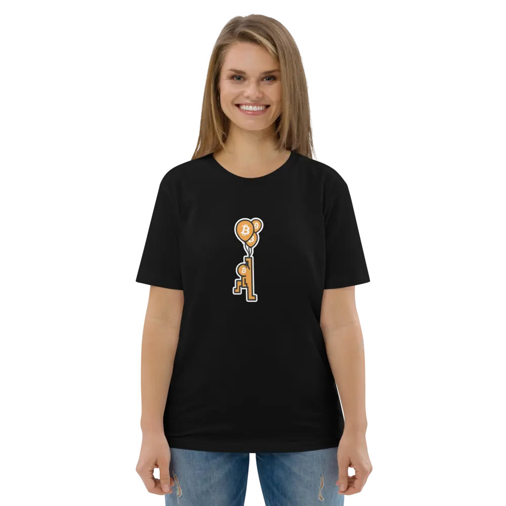 Bitcoin T-Shirt – BitPop Balloon - worn on female model - front view - smile - black