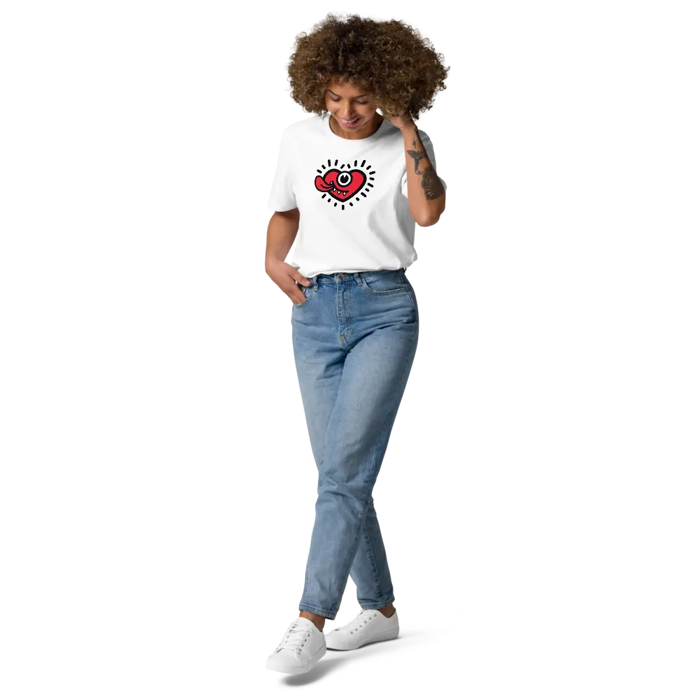 bitpopheart t-shirt - front view - worn by female - white color