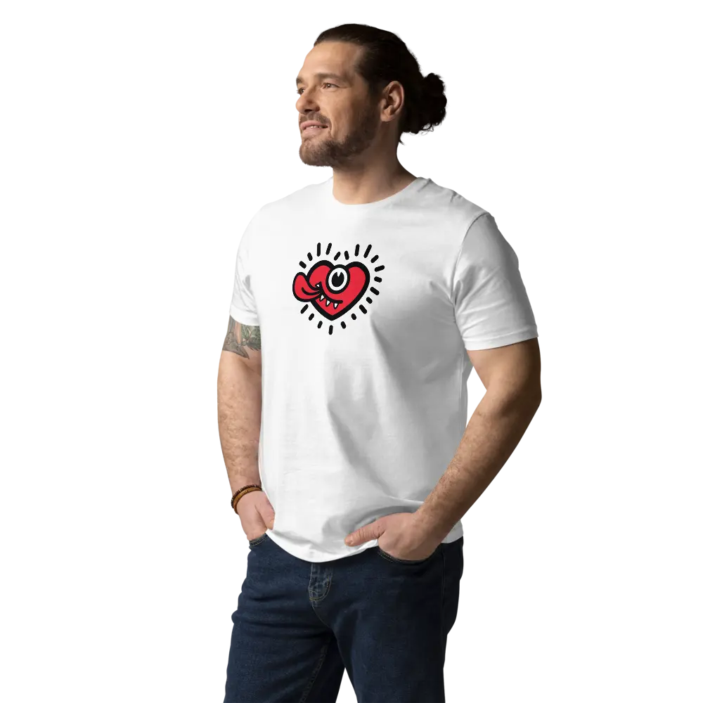 bitpopheart t-shirt - front view worn by male model - white color