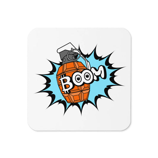 Top view of the Boom Bitcoin cork coaster by BitPopArt