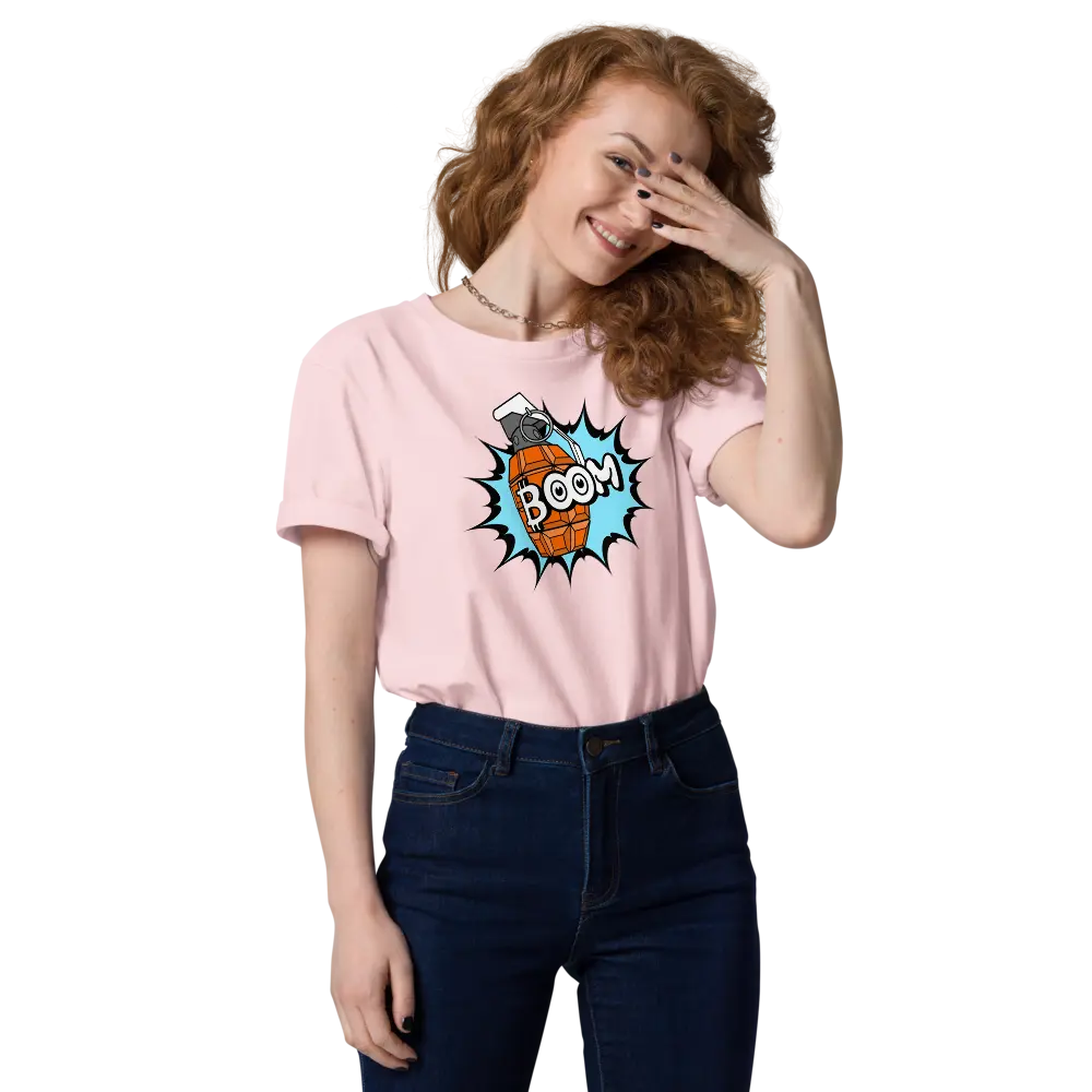 Bitcoin T-Shirt – Boom by BitPopArt | Store of Value — worn on female model - pink color