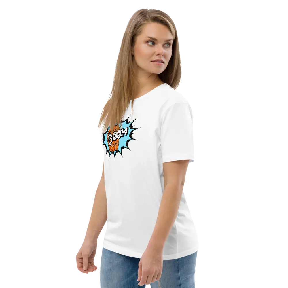 Bitcoin T-Shirt – Boom by BitPopArt | Store of Value — worn on model female - color white
