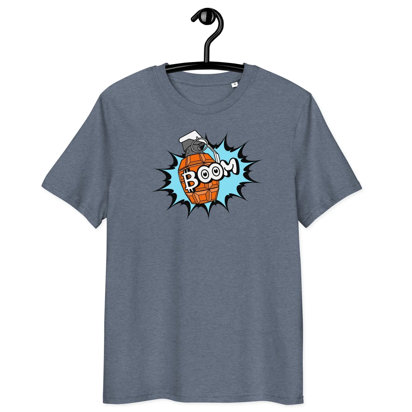 Bitcoin T-Shirt – Boom by BitPopArt | Store of Value — on hanger - blue color