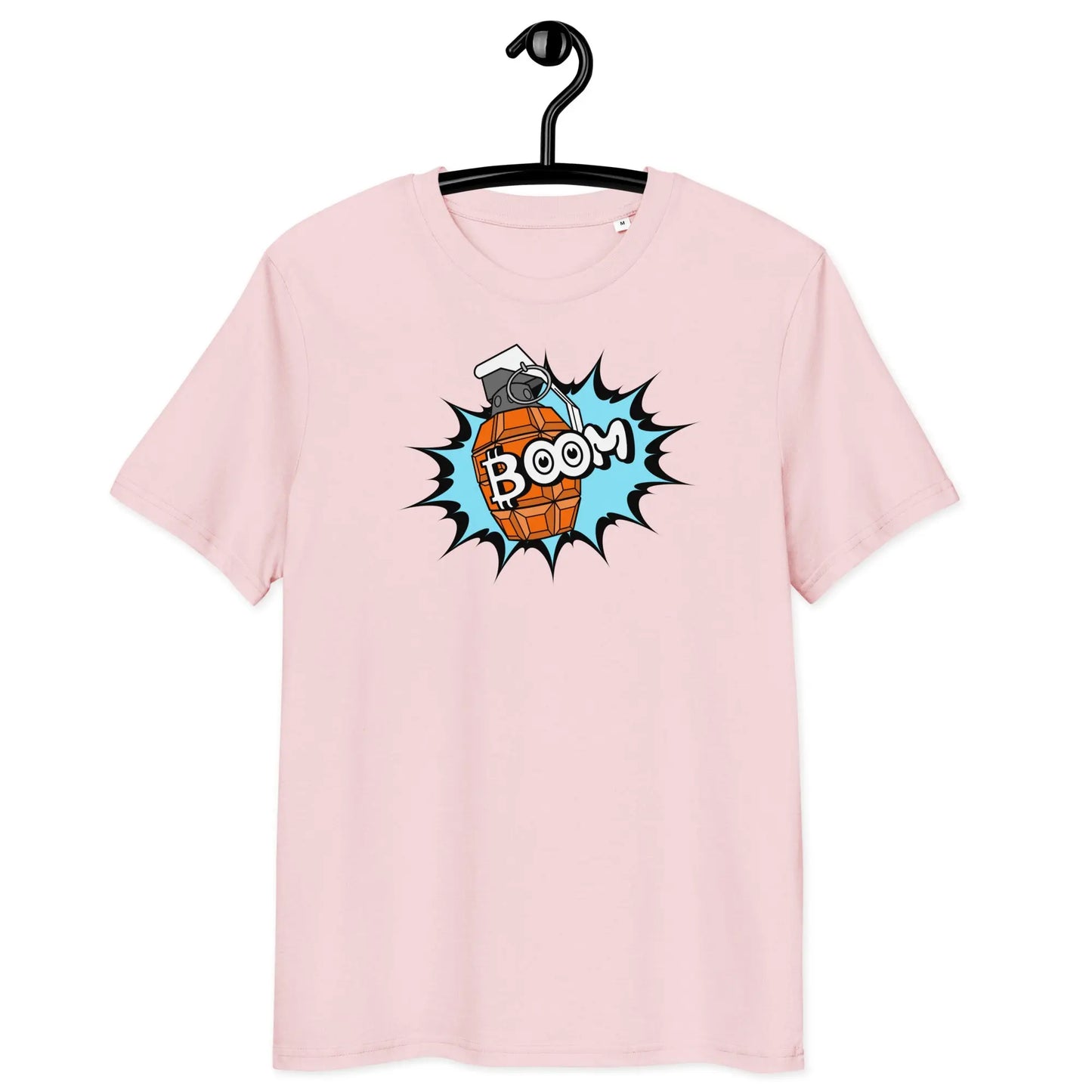 Bitcoin T-Shirt – Boom by BitPopArt | Store of Value — on hanger - pink color