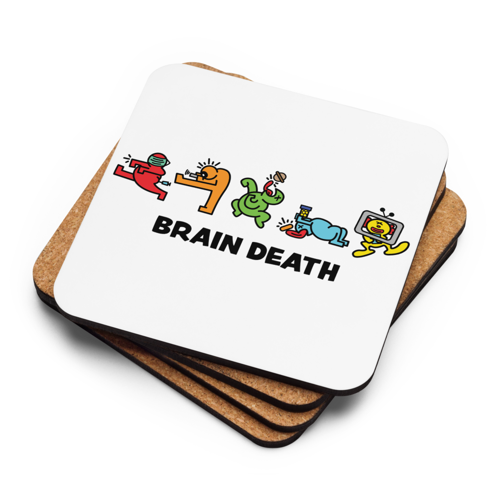 Brain Death Bitcoin coaster stack by BitPopArt — cork backs + face up
