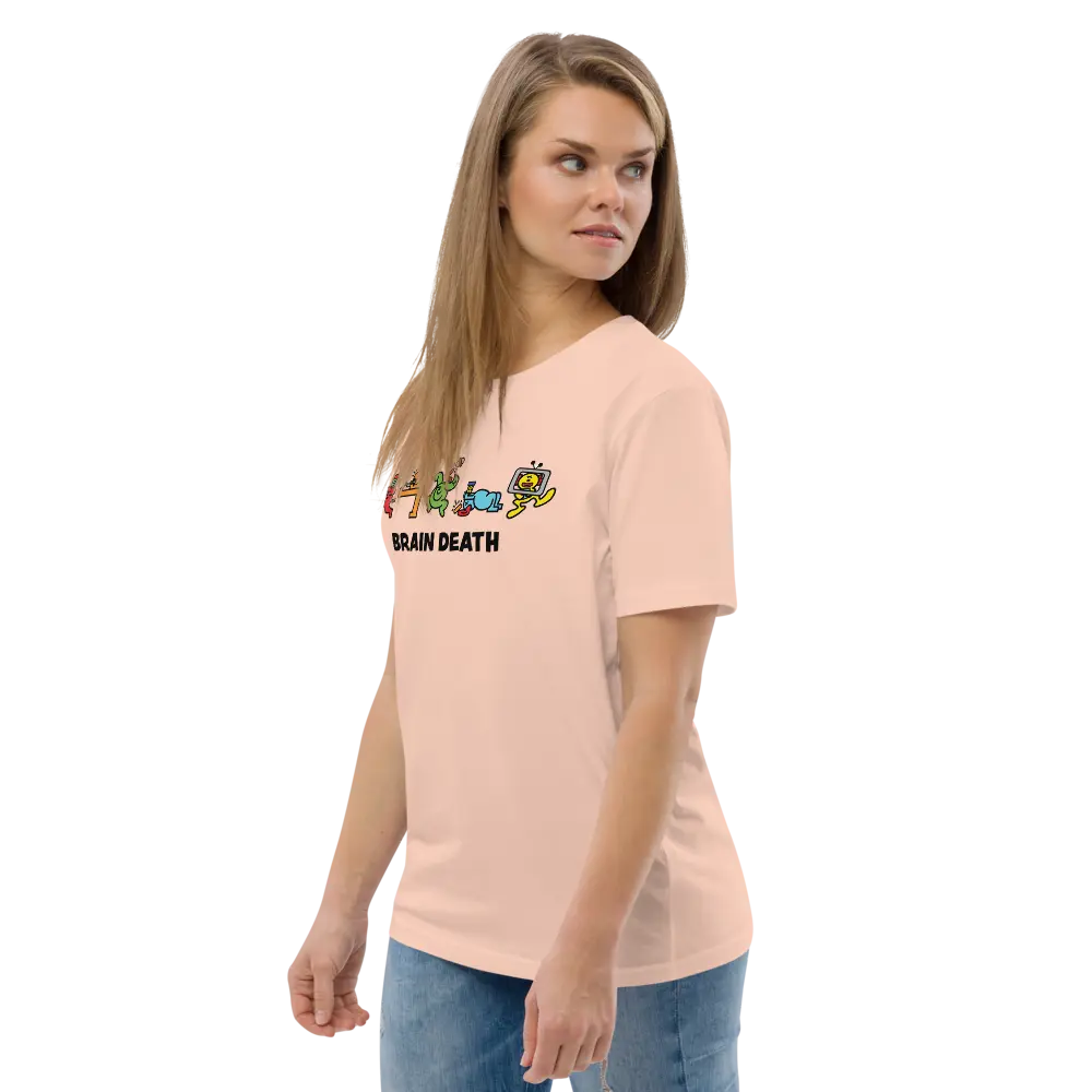 Bitcoin T-Shirt – Brain Death - worn on female model - side view