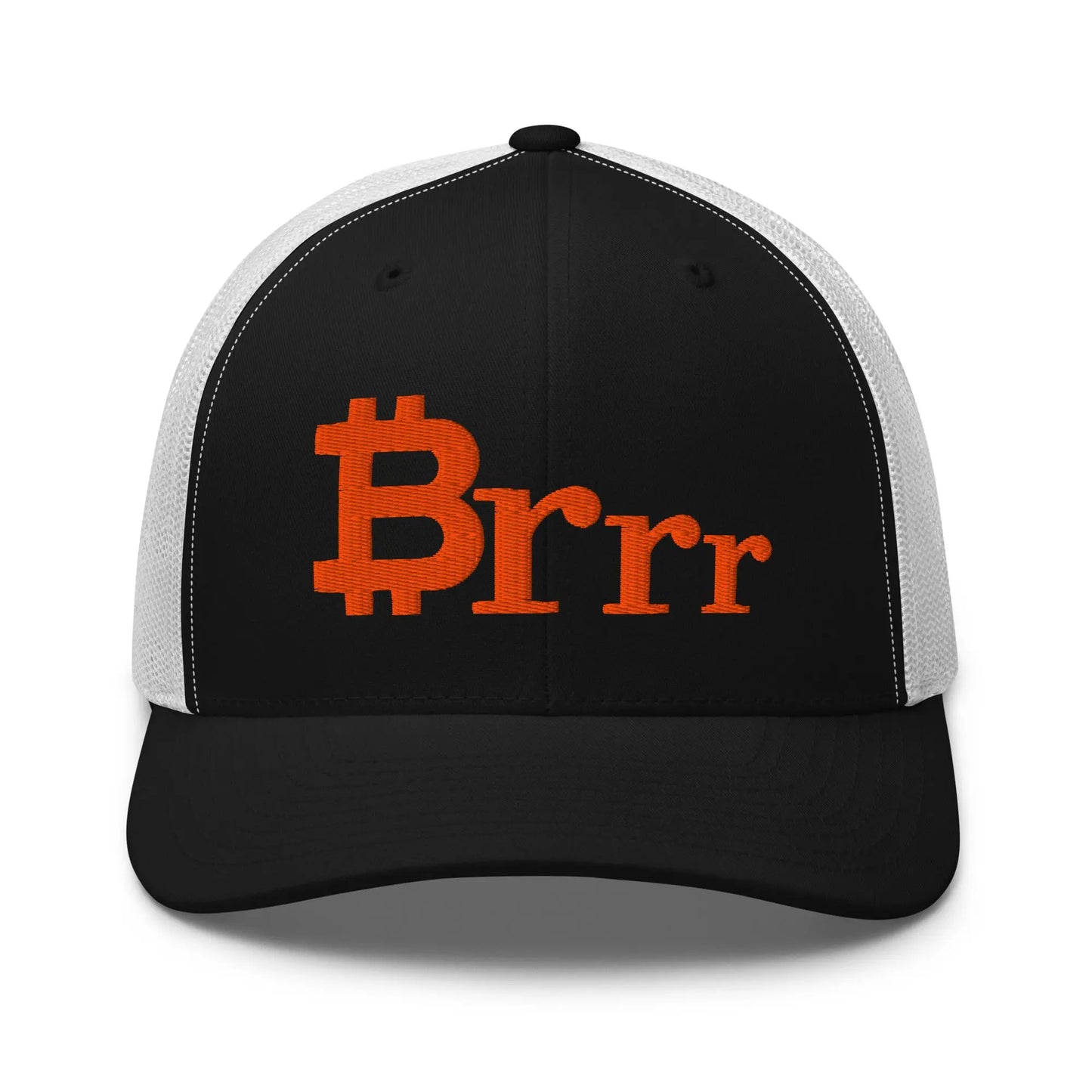 brrr bitcoin trucker hat front view black and white