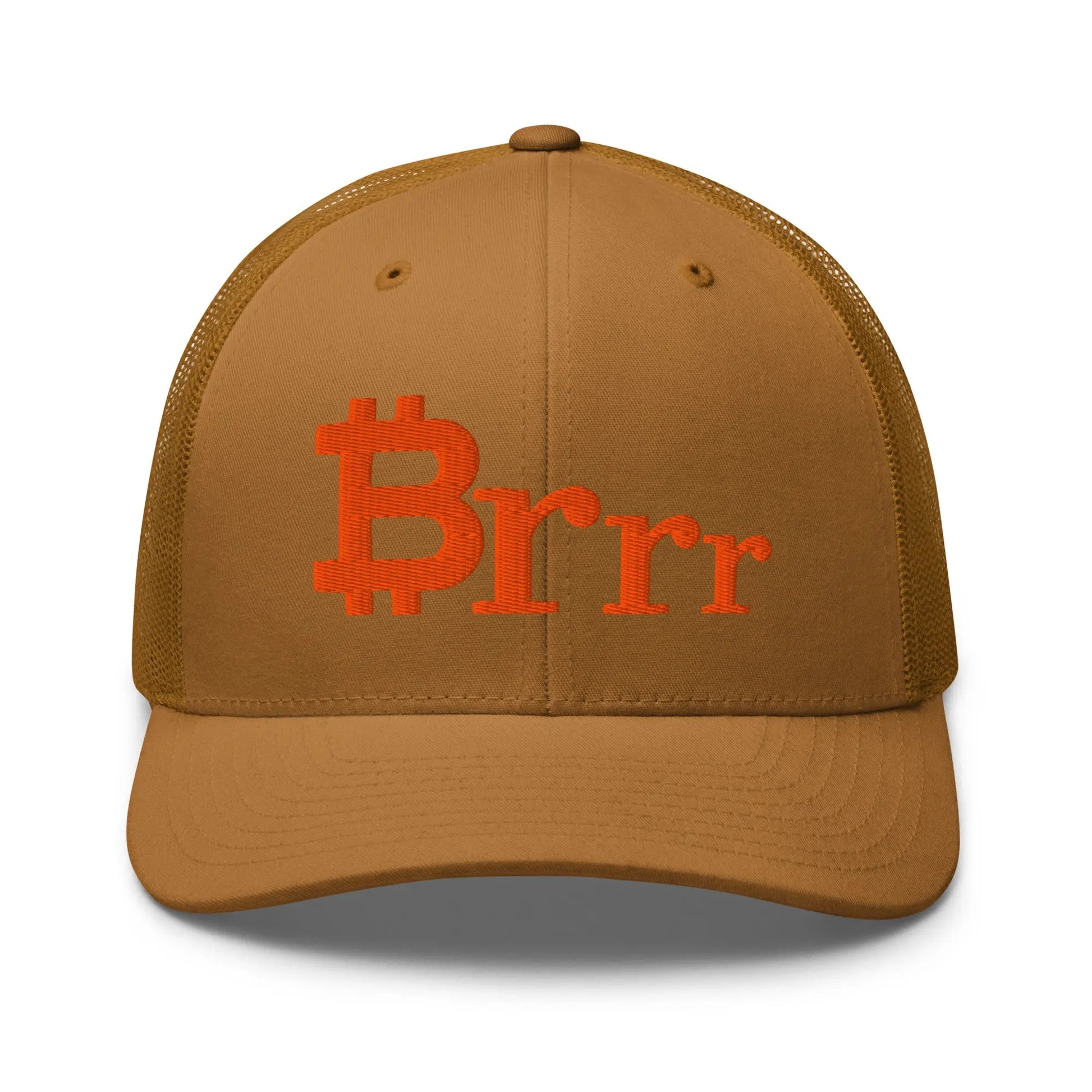 brrr bitcoin trucker hat front view caramel