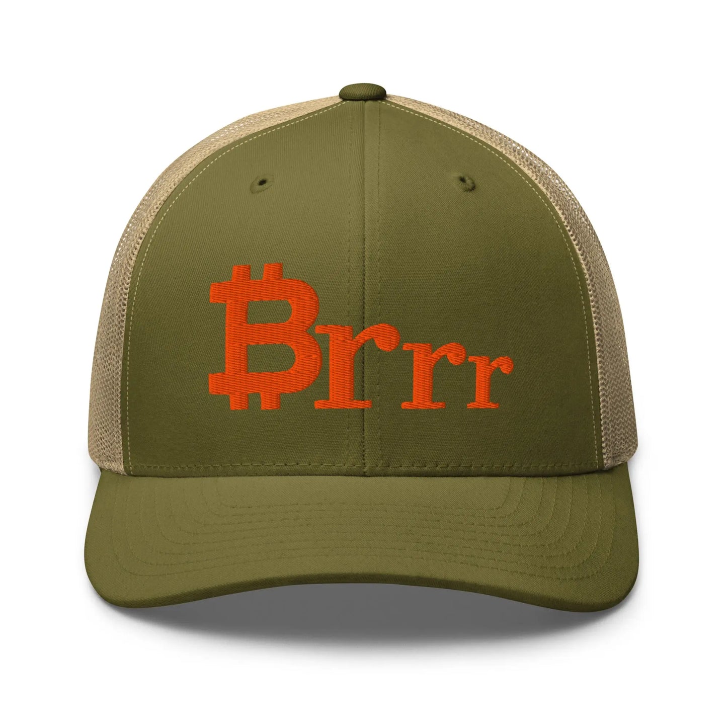 brrr bitcoin trucker hat front view moss and khaki
