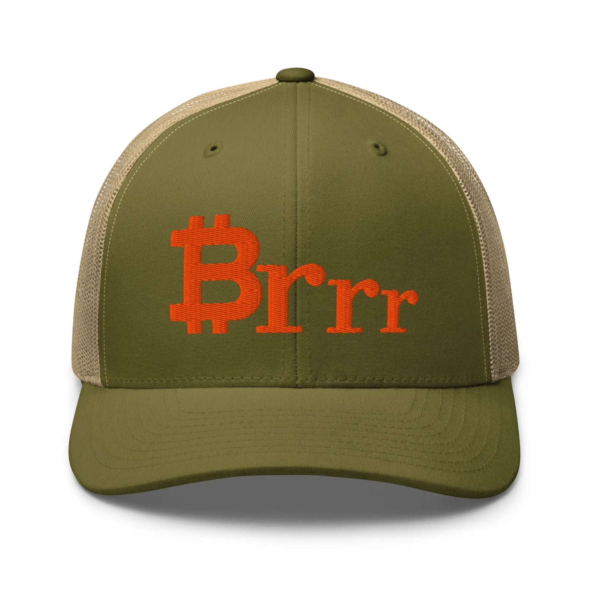 brrr bitcoin trucker hat front view moss and khaki
