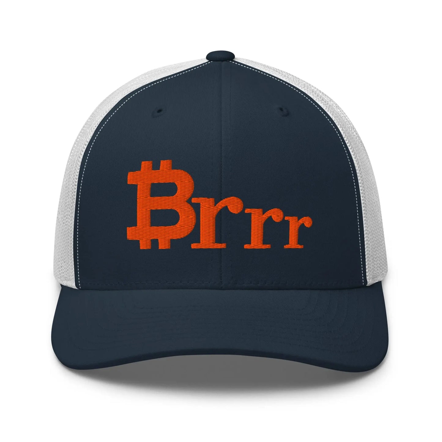 brrr bitcoin trucker hat front view navy and white