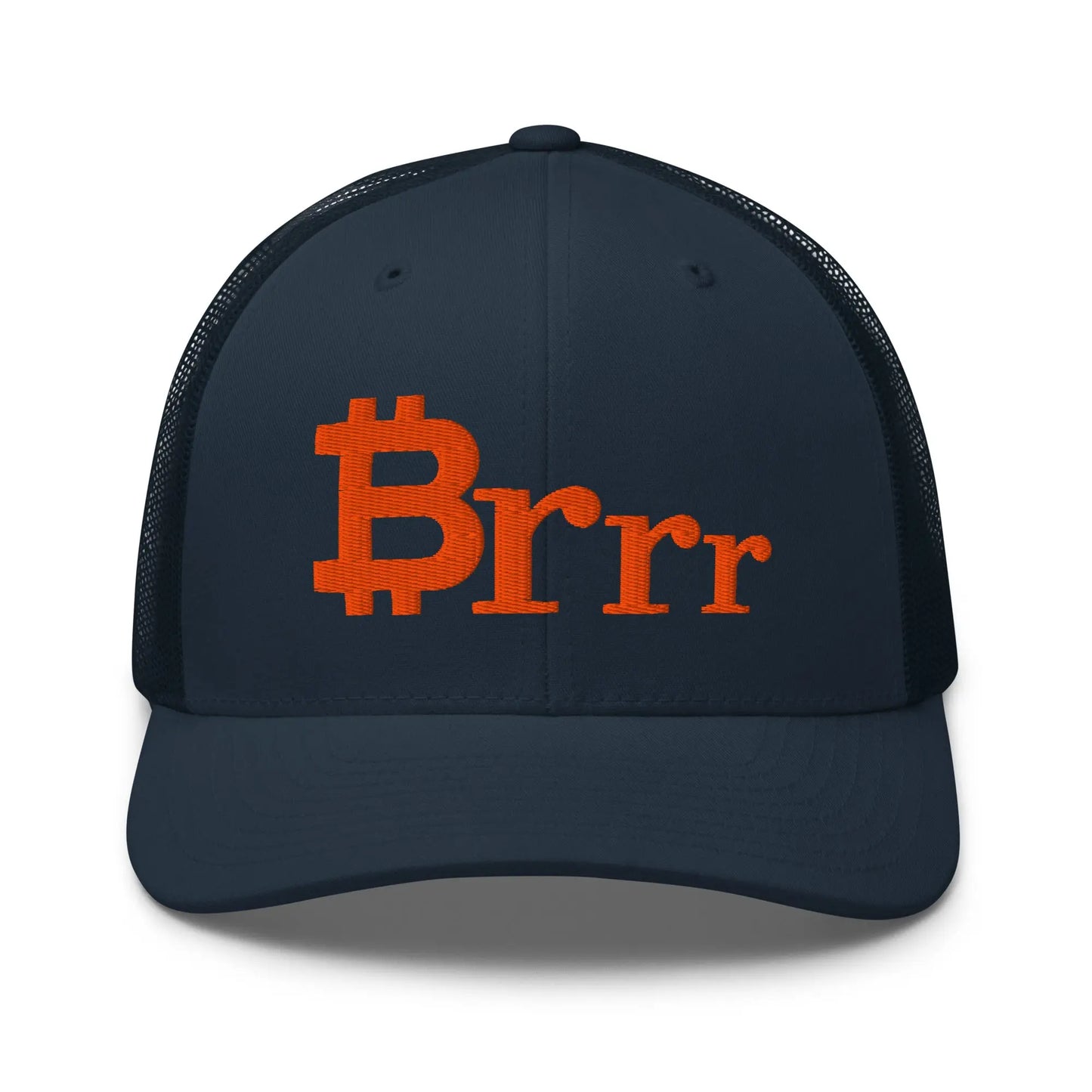 brrr bitcoin trucker hat front view navy
