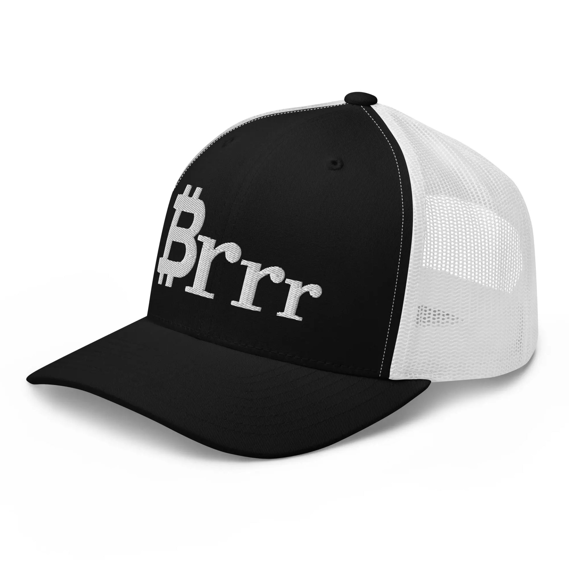 bitcoin trucker hat - brrr bitcoin symbol - angled front view - black and white