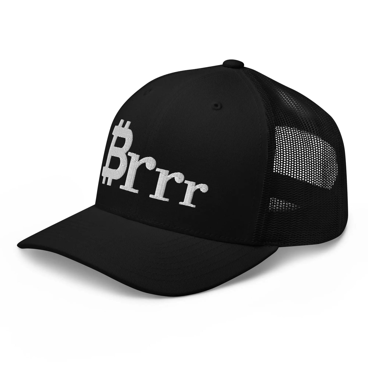 bitcoin trucker hat - brrr bitcoin symbol - angled front view - black