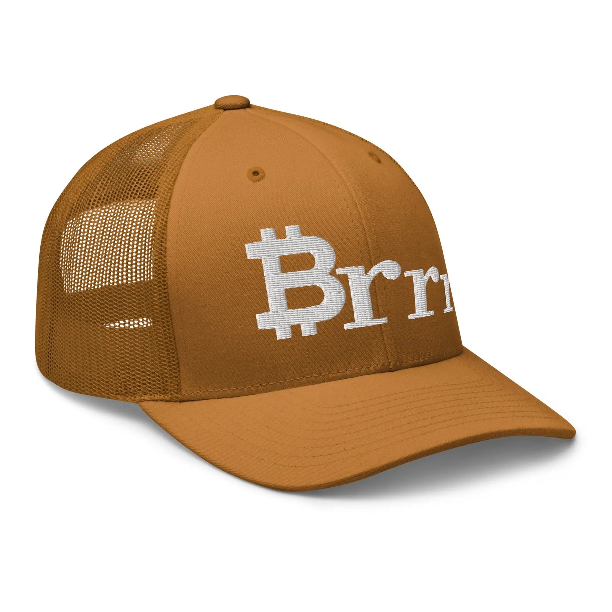 bitcoin trucker hat - brrr bitcoin symbol - angled front view - caramel