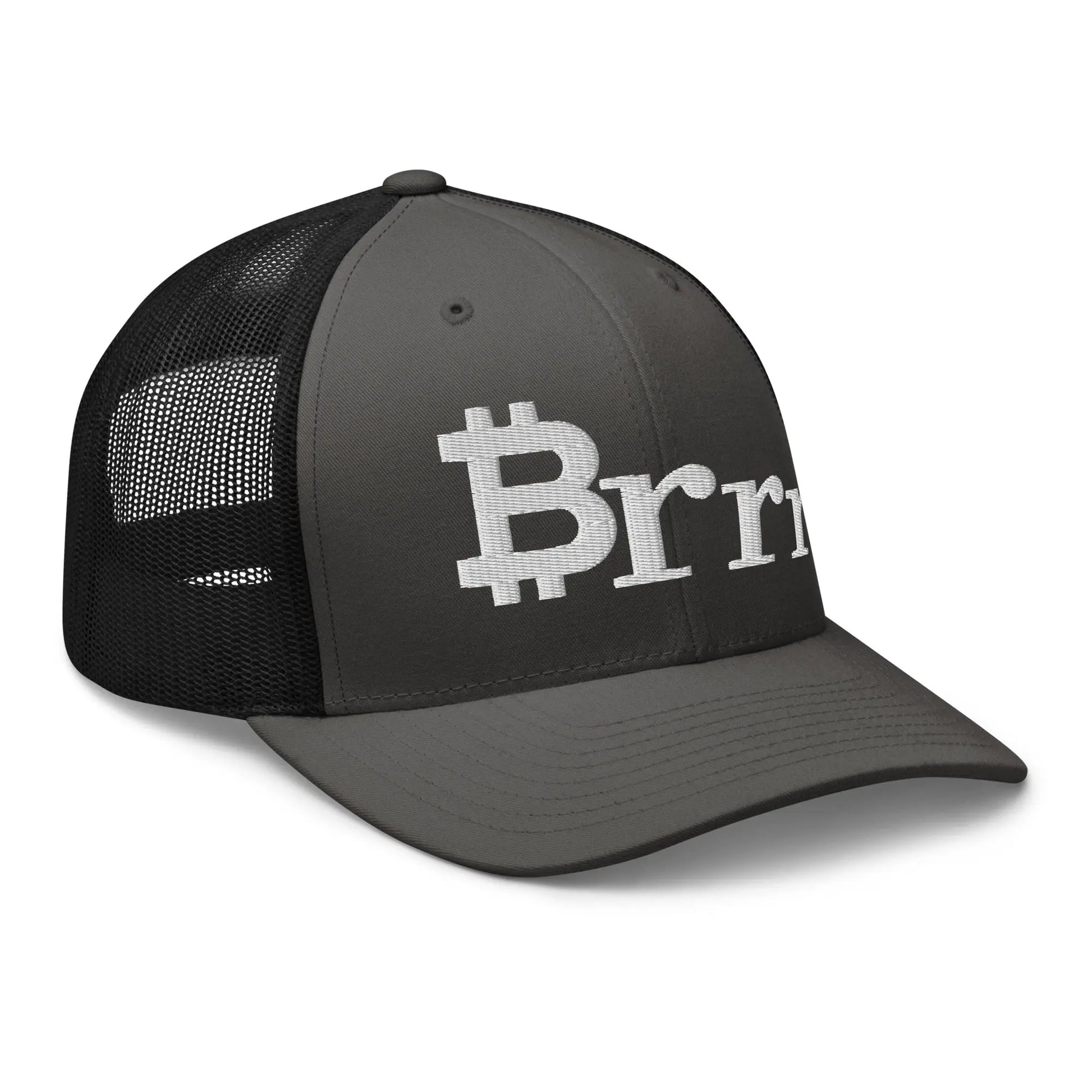 bitcoin trucker hat - brrr bitcoin symbol - angled front view - charcoal and black