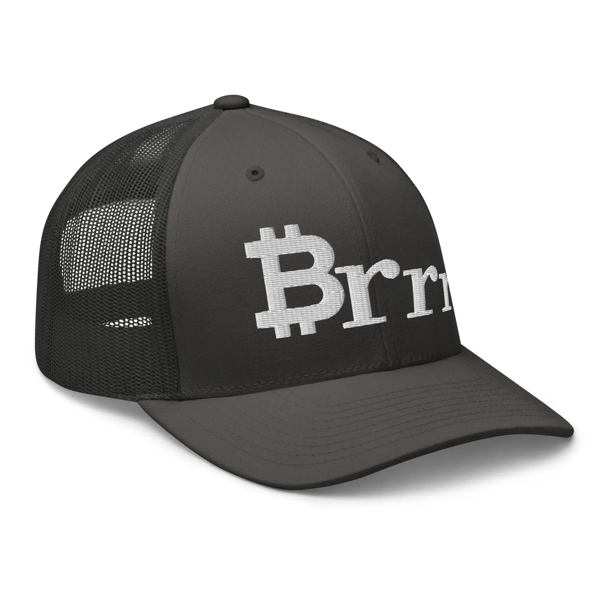 bitcoin trucker hat - brrr bitcoin symbol - angled front view - charcoal