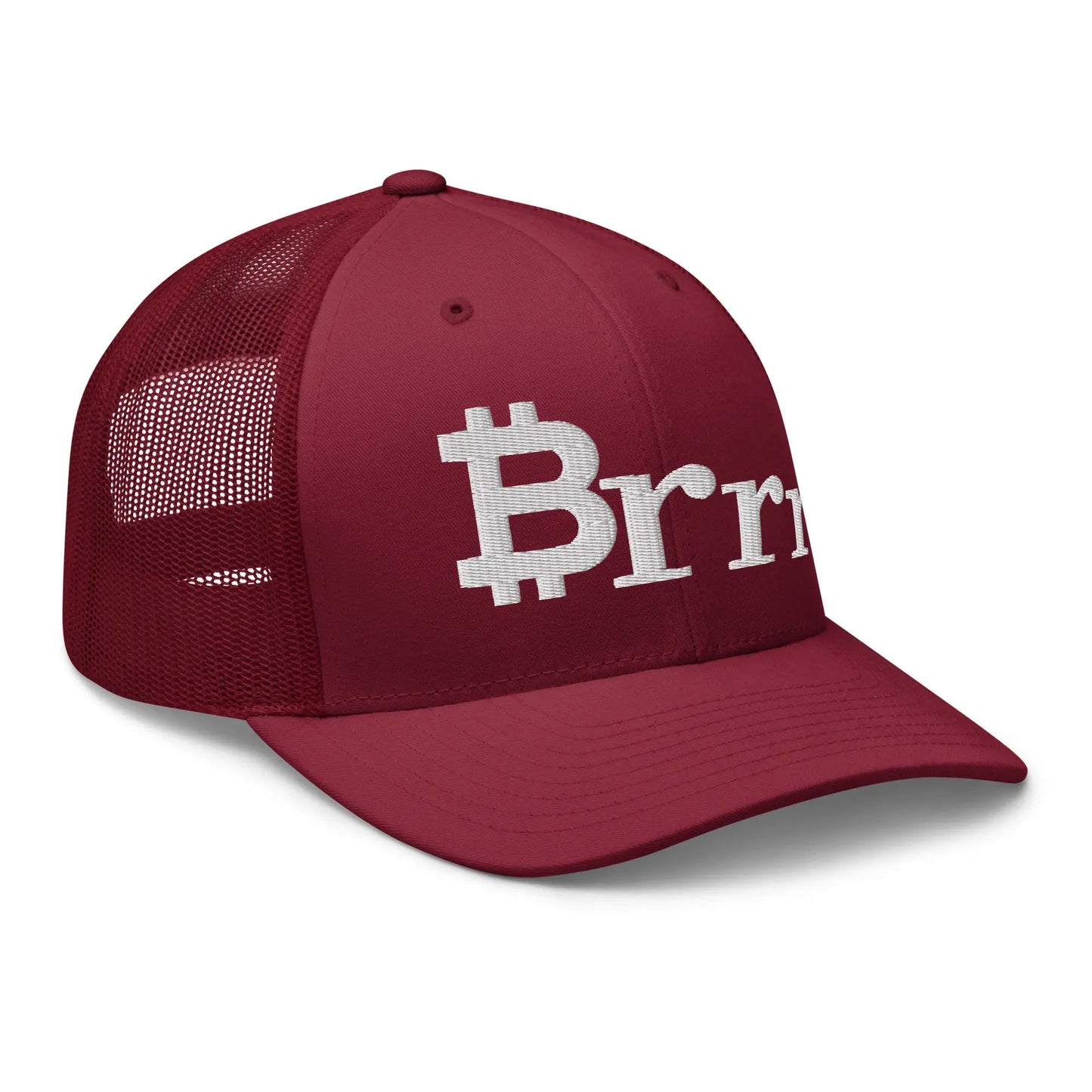 bitcoin trucker hat - brrr bitcoin symbol - angled front view - cranberry
