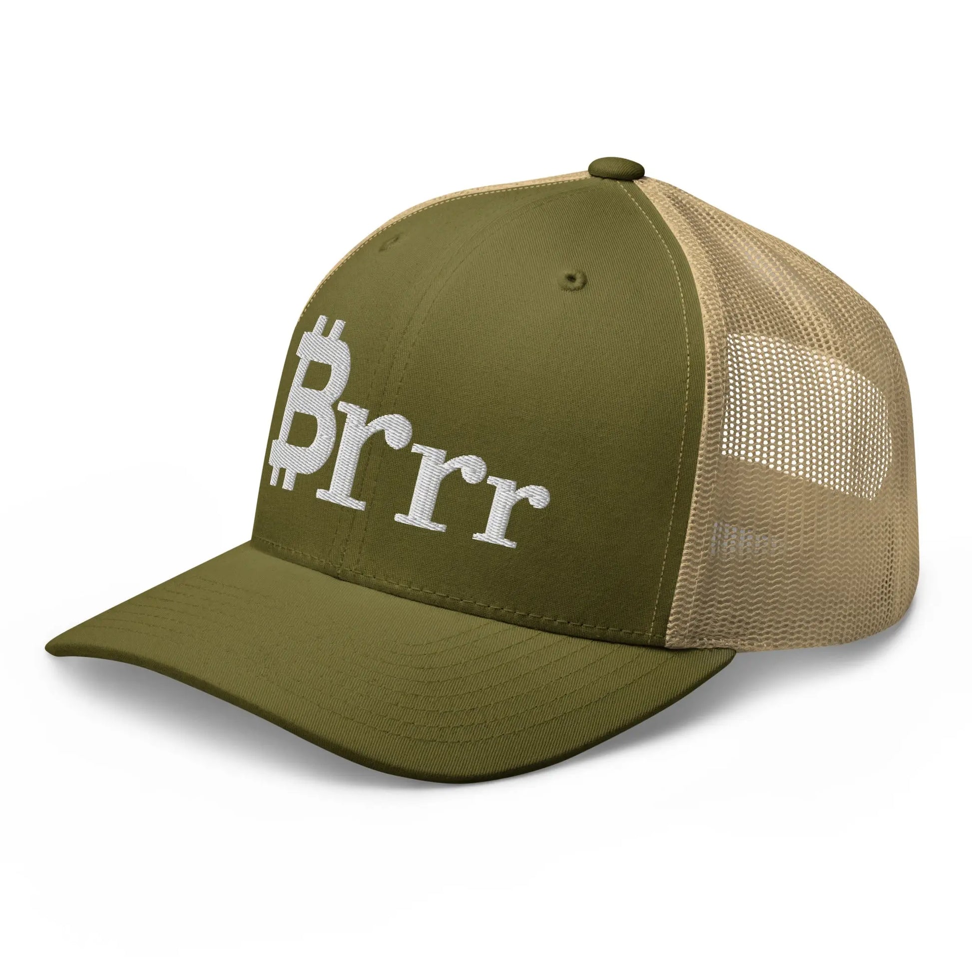 bitcoin trucker hat - brrr bitcoin symbol - angled front view - green