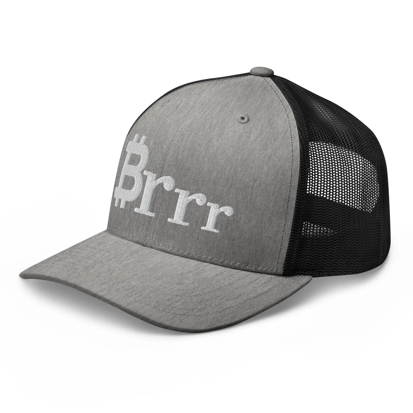 bitcoin trucker hat - brrr bitcoin symbol - angled front view - heather black