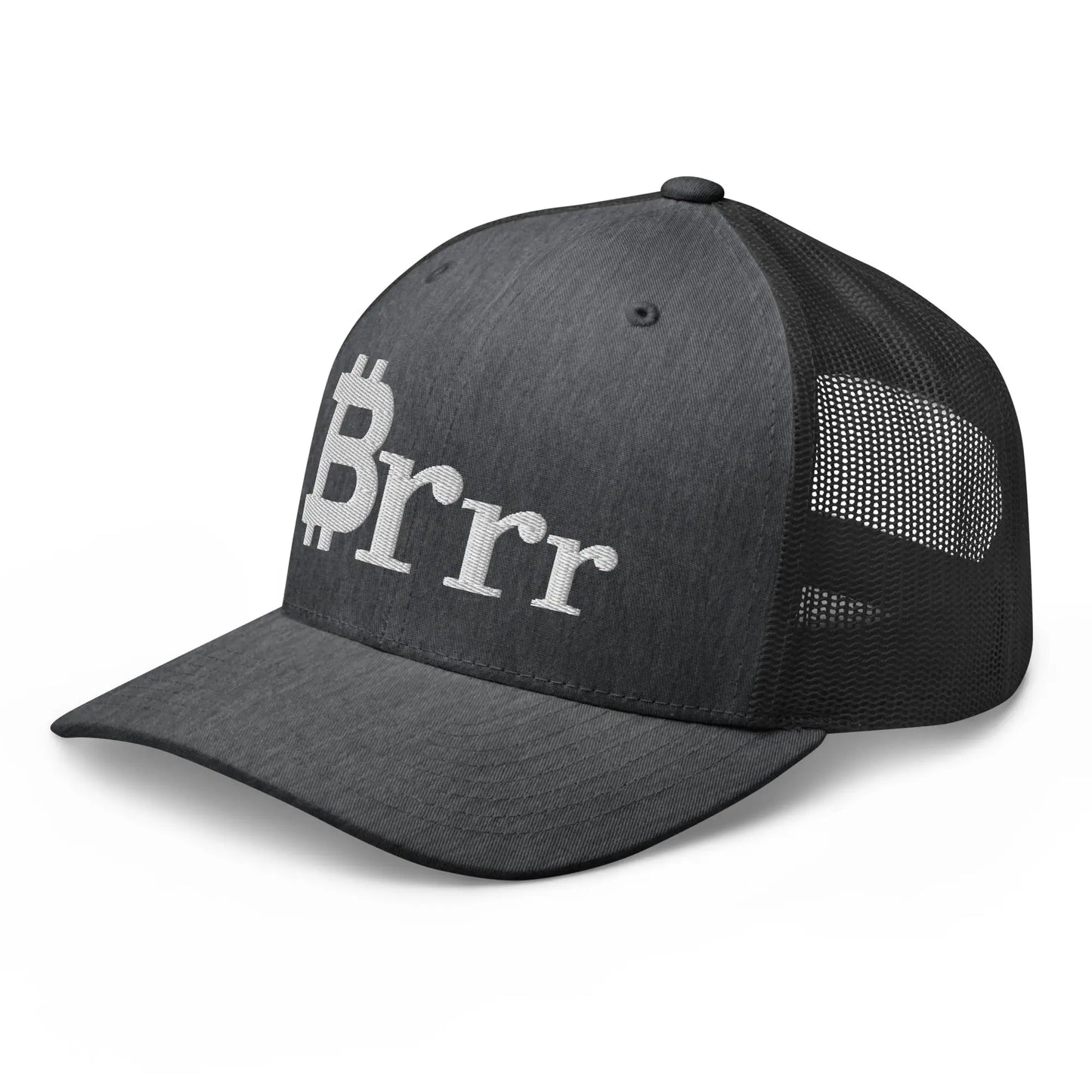 bitcoin trucker hat - brrr bitcoin symbol - angled front view - heather gray