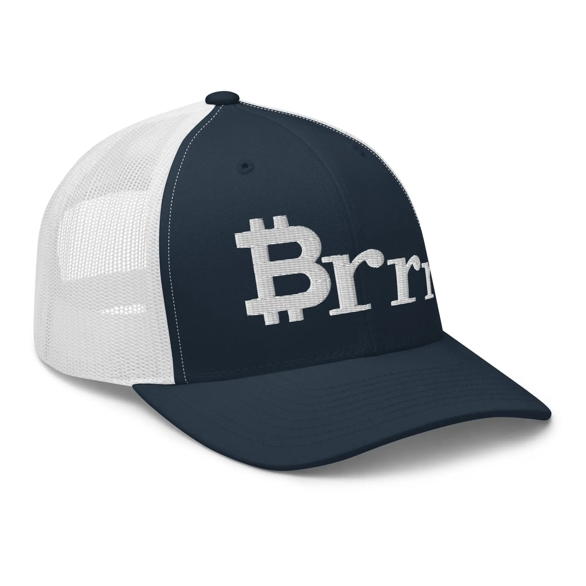 bitcoin trucker hat - brrr bitcoin symbol - angled front view - navy and white