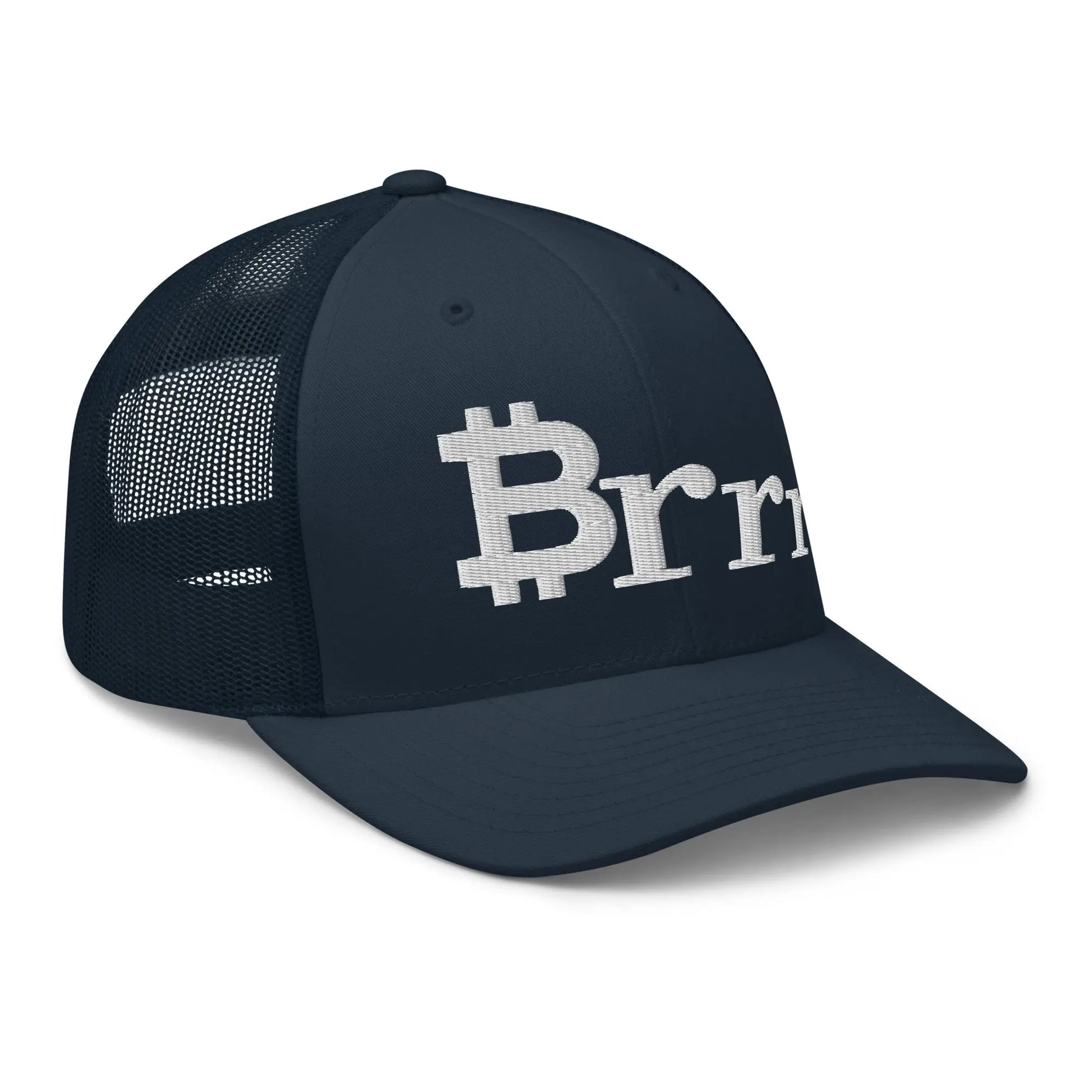 bitcoin trucker hat - brrr bitcoin symbol - angled front view - navy
