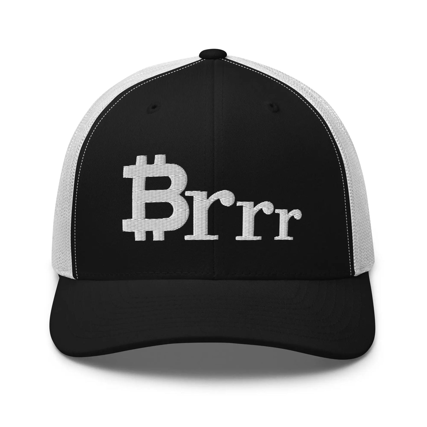 bitcoin trucker hat - brrr bitcoin symbol - front view - black and white
