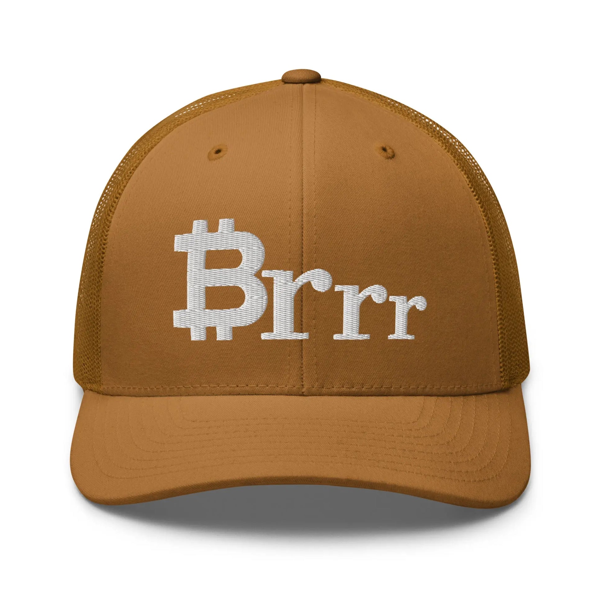bitcoin trucker hat - brrr bitcoin symbol - front view - caramel