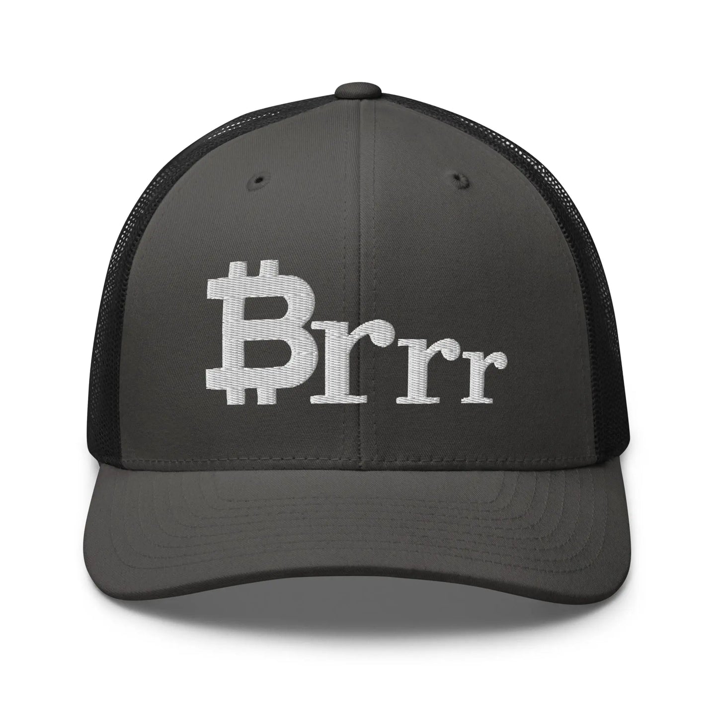 bitcoin trucker hat - brrr bitcoin symbol - front view - charcoal and black