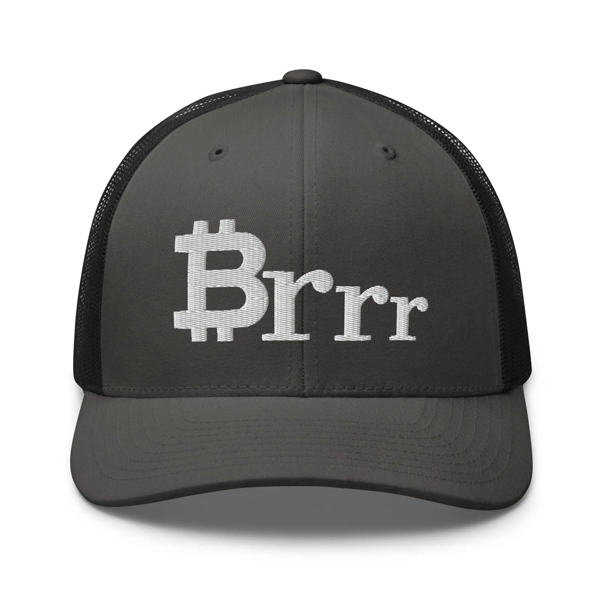 bitcoin trucker hat - brrr bitcoin symbol - front view - charcoal and black