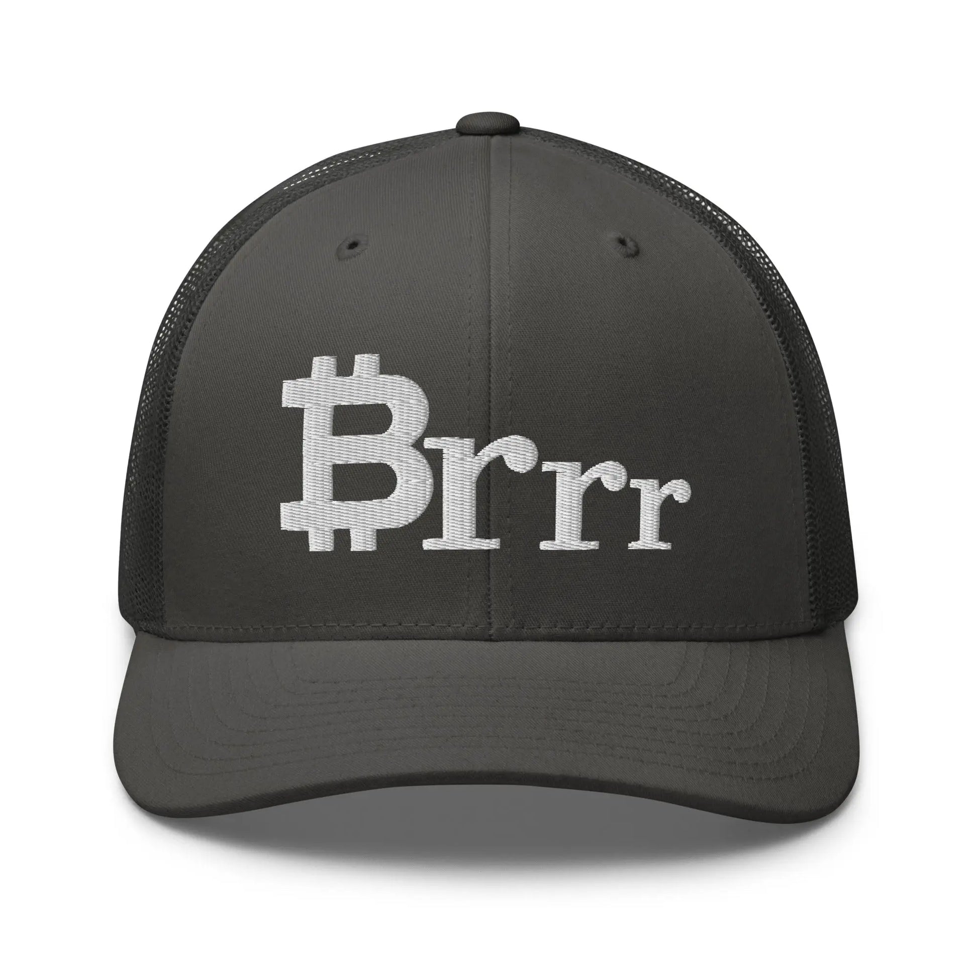 bitcoin trucker hat - brrr bitcoin symbol - front view - charcoal