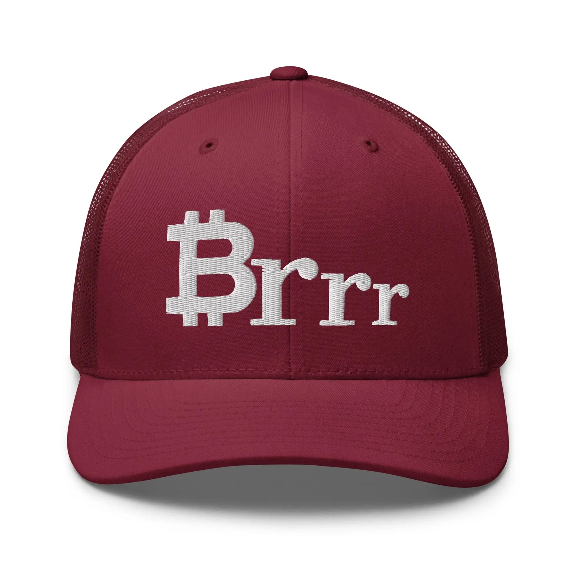 bitcoin trucker hat - brrr bitcoin symbol - front view - cranberry