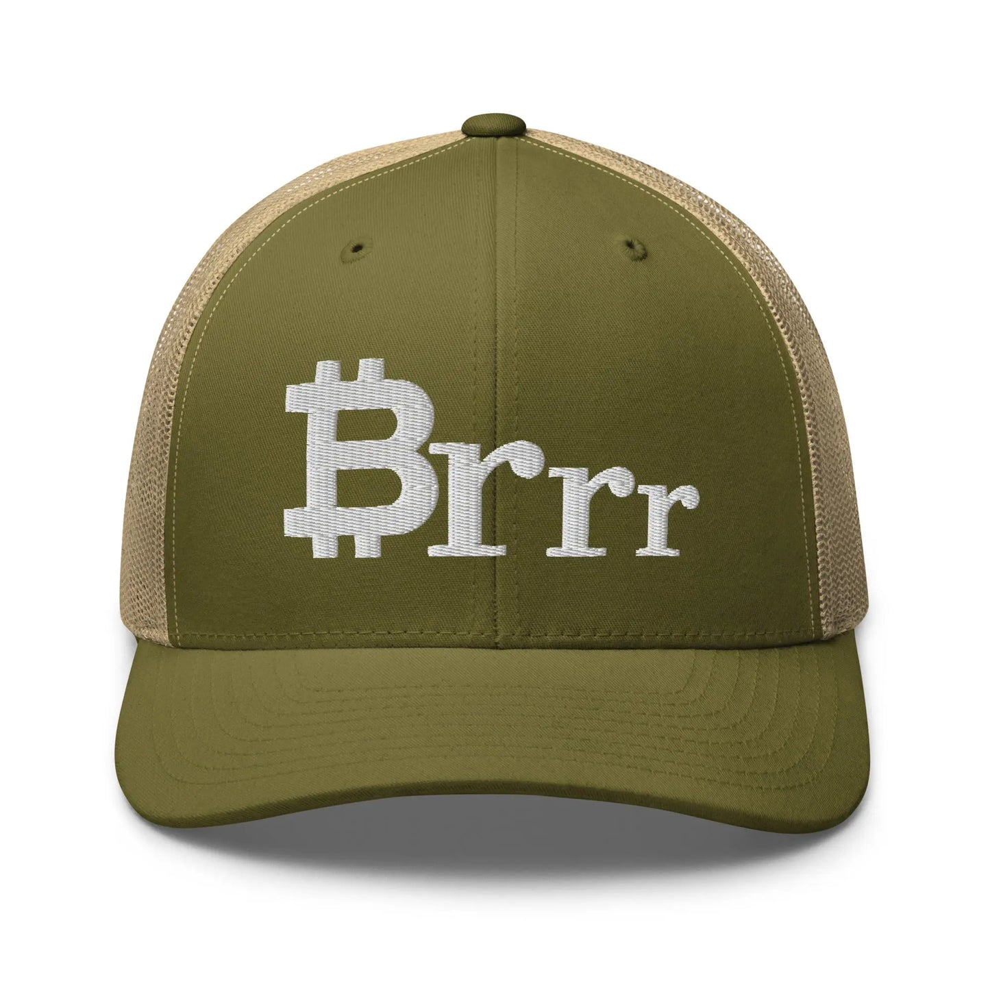 bitcoin trucker hat - brrr bitcoin symbol - front view - green