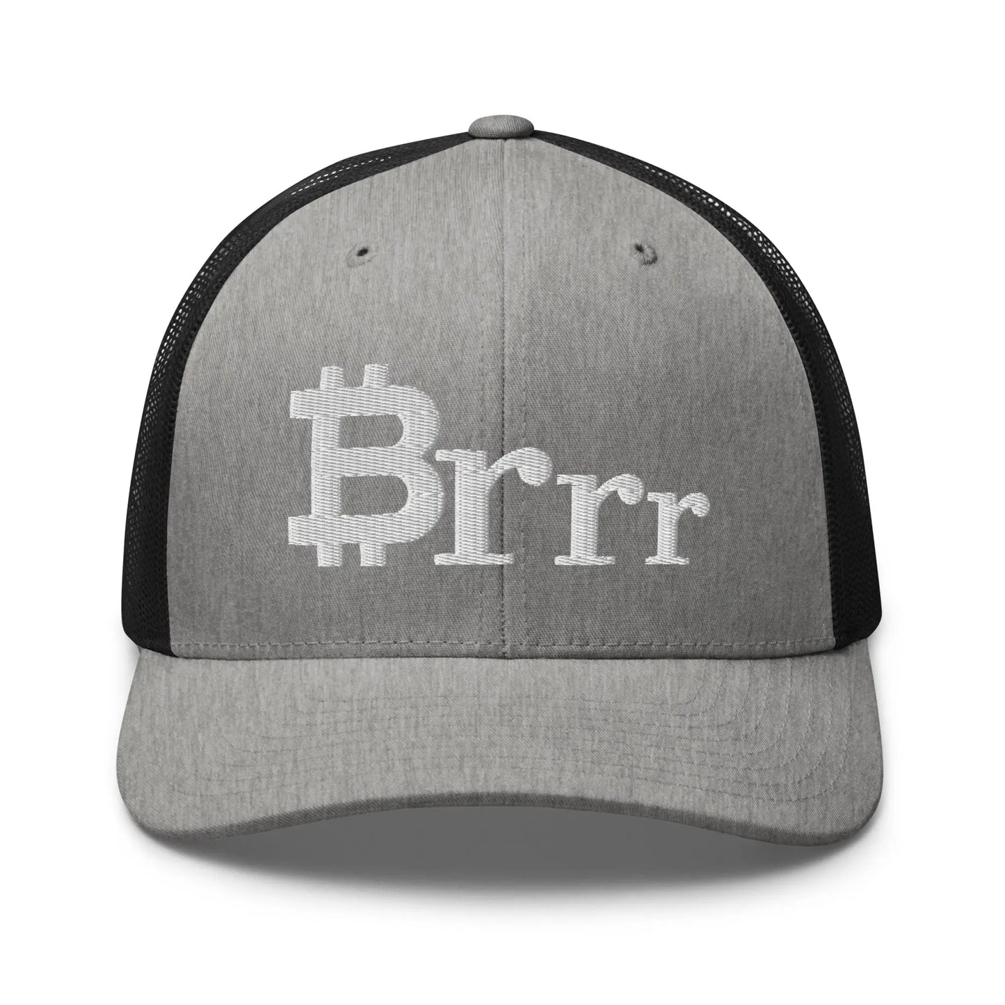 bitcoin trucker hat - brrr bitcoin symbol - front view - heather black