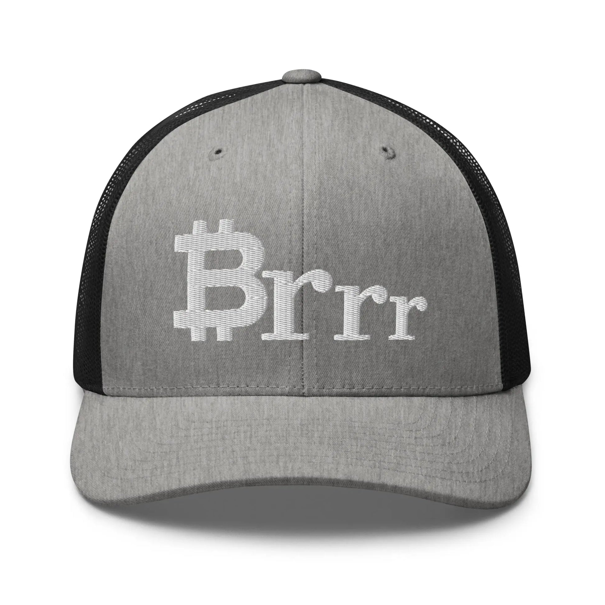 bitcoin trucker hat - brrr bitcoin symbol - front view - heather black