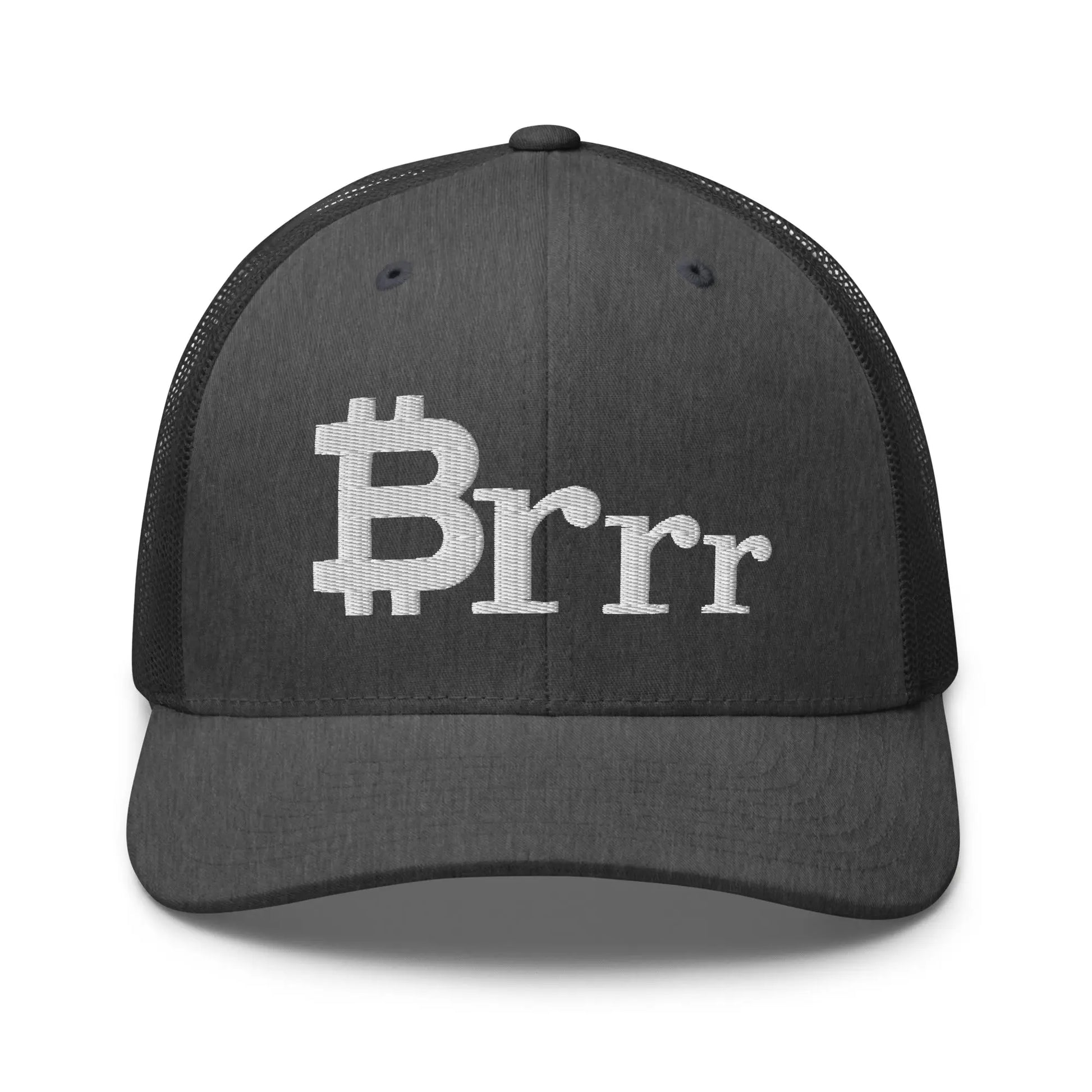 bitcoin trucker hat - brrr bitcoin symbol - front view - heather gray