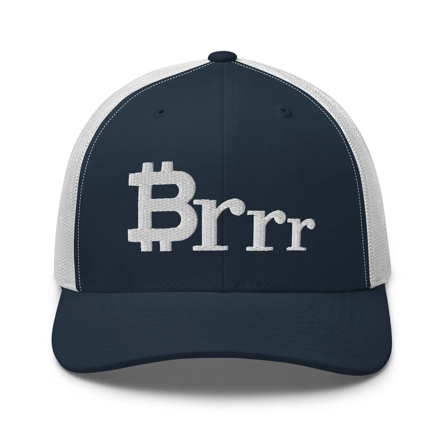 bitcoin trucker hat - brrr bitcoin symbol - front view - navy and white