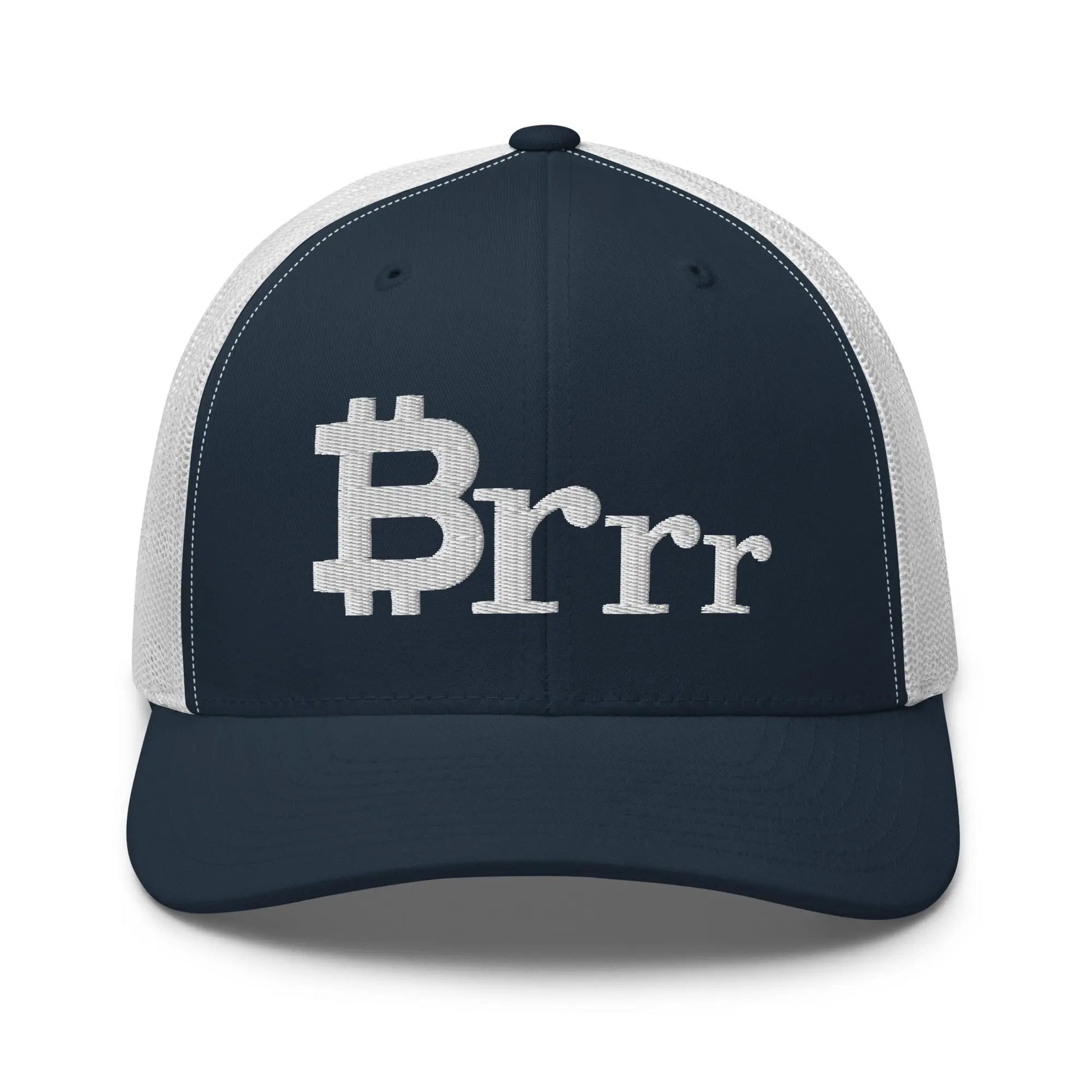 bitcoin trucker hat - brrr bitcoin symbol - front view - navy and white