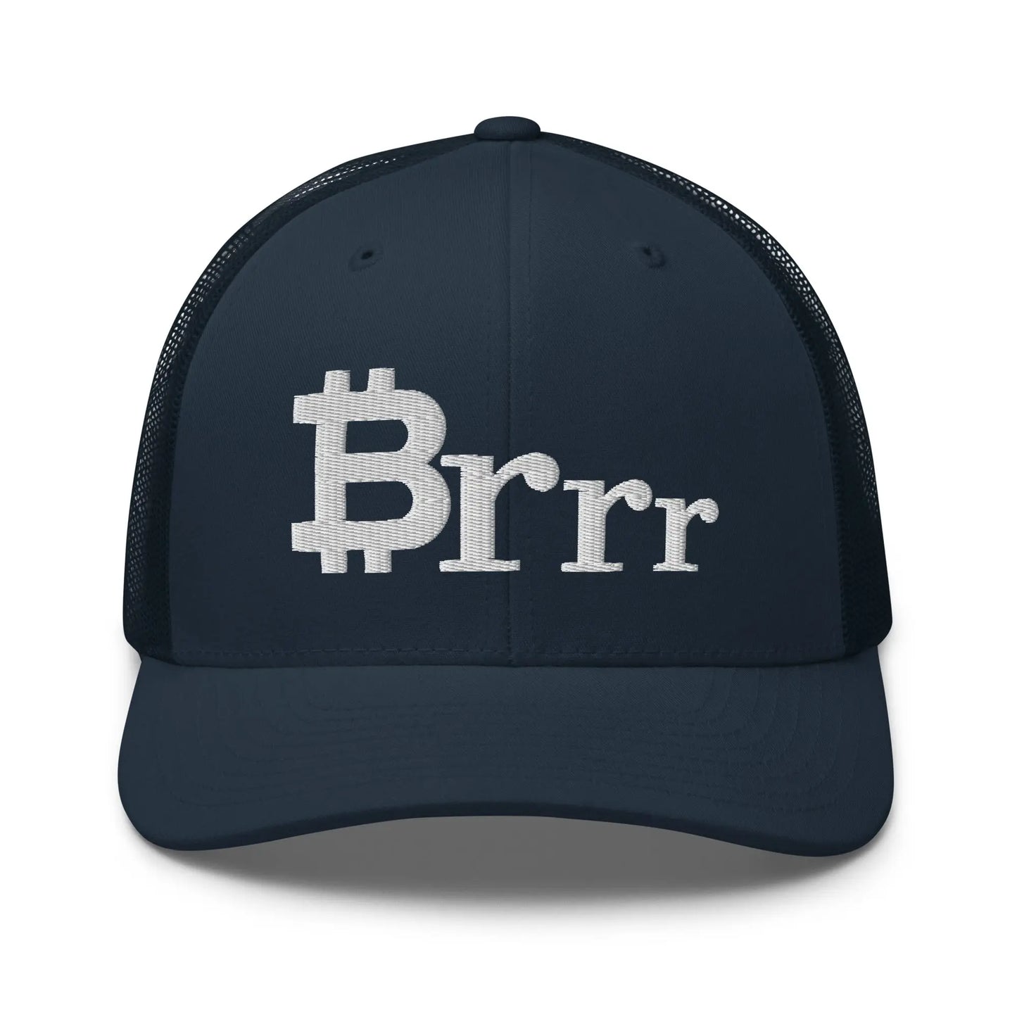 bitcoin trucker hat - brrr bitcoin symbol - front view - navy