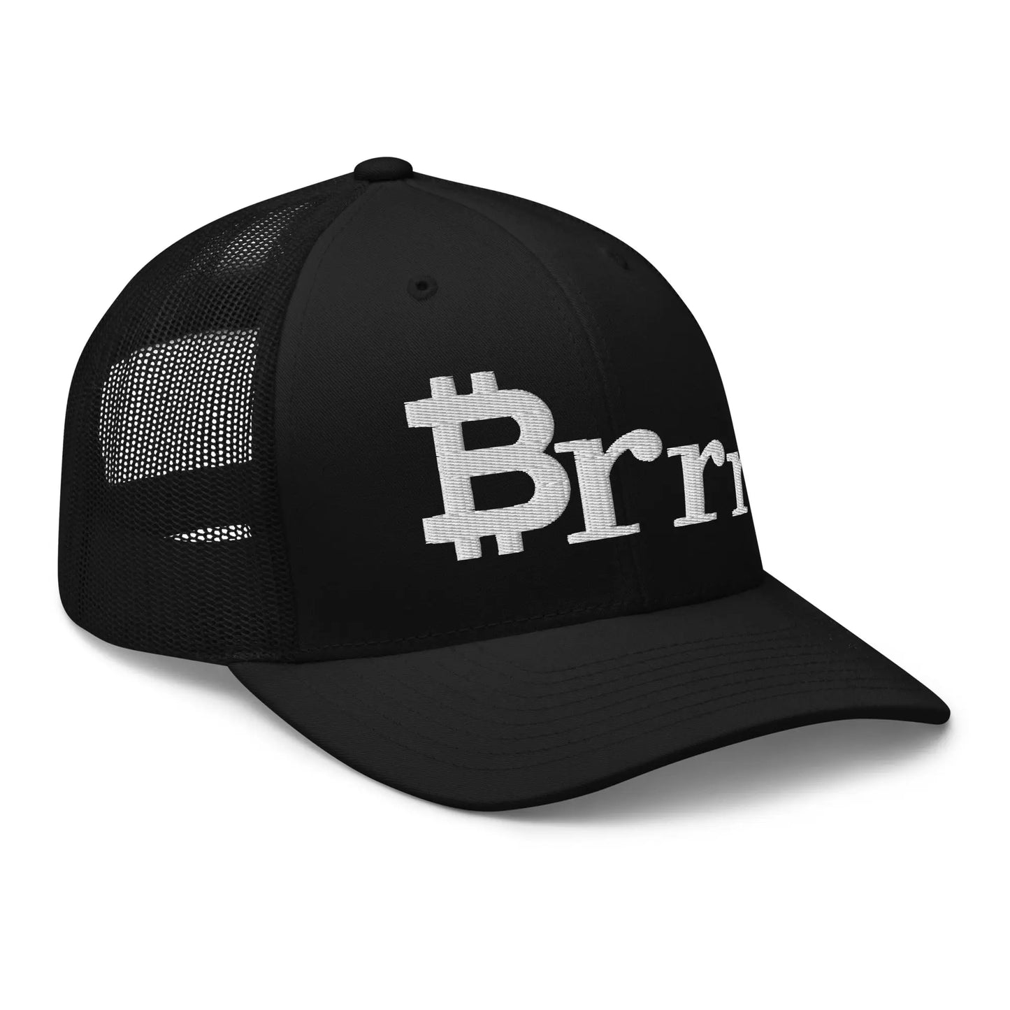 bitcoin trucker hat - brrr bitcoin symbol - side view - black