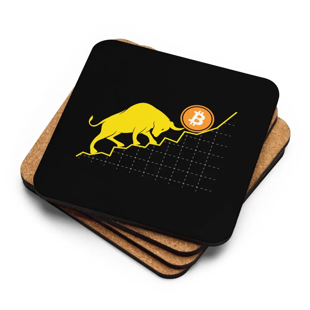 Stack of Bullish! Bitcoin coasters showing cork backing and printed surface