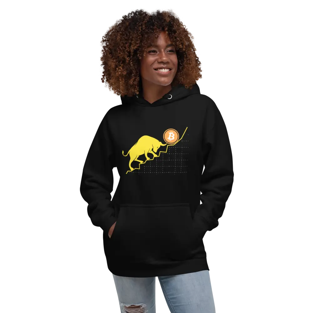 bitcoin hoodie - bullish - worn by female model