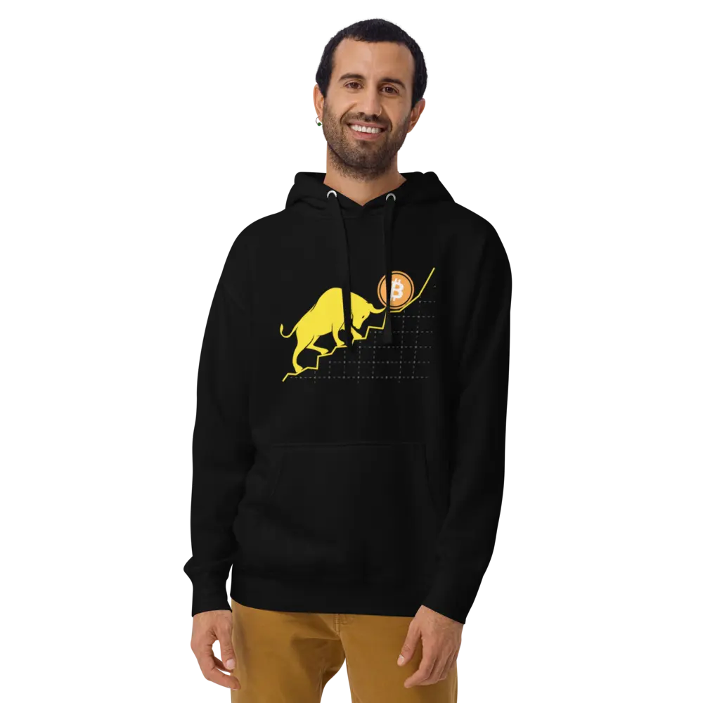 bitcoin hoodie - bullish - worn by model